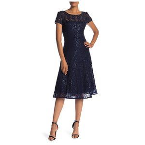 NWT SL Fashions Tea Length Short Sleeve Sequin Lace Midi Dress Navy Blue 14